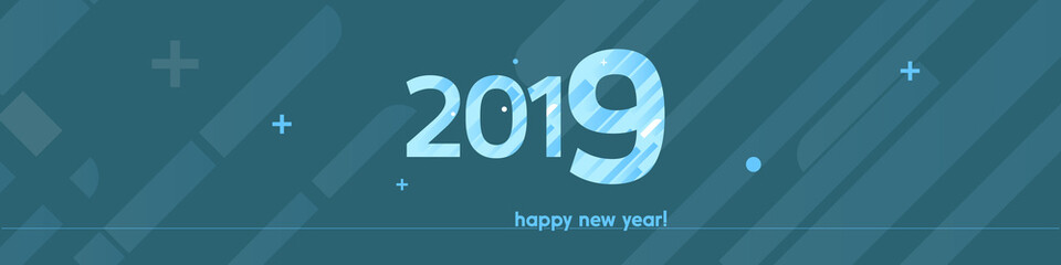 Happy New Year 2019 Vector Illustration - Bold Text with Wide Creative Design on Dark Blue Background -  Bright Blue and White Lines, Circles, Plus Sign
