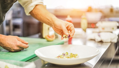 Obraz na płótnie Canvas Star chef prepare fish tartare for dinner - Man garnishing a starter inside restaurant kitchen - Exclusive cuisine, lifestyle and healthy food concept