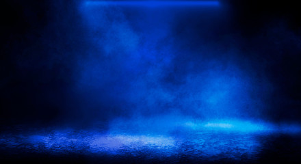 Blue misty dark background. Dark street with smoke, fog, blue spotlights, neon. Dark abstract empty...