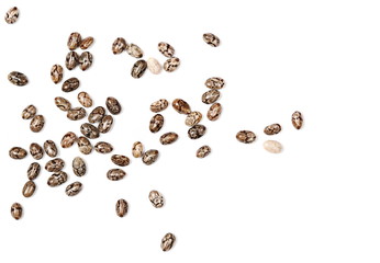 Chia seeds isolated on white background, macro top view