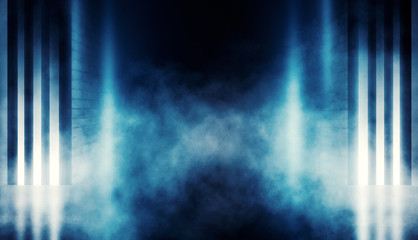 Background of empty dark room with brick walls, illuminated by n