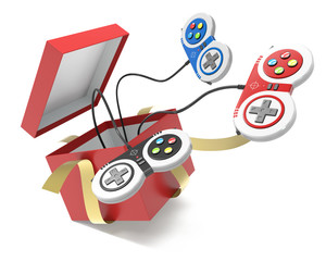 video games controller popping out from a red and white gift box with golden ribbon over white background
