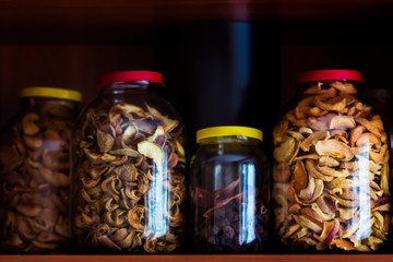 Homemade dehydrated dry fruits put in bottles to keep in winter