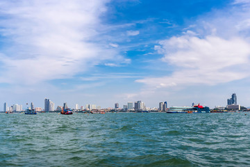 Fototapeta premium Pattaya city view on the sea and boat.