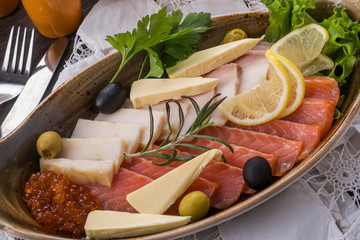 Assorted fish  with salmon and halibut. Cold appetizer