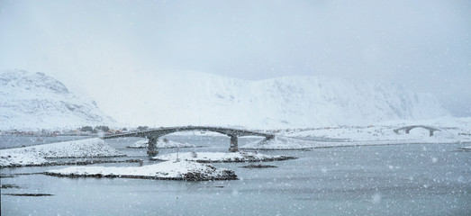 Snowfall on Lofoten islands, Norway