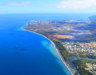 Aerial view to coral reef near Saint Paul village on Reunion Island.