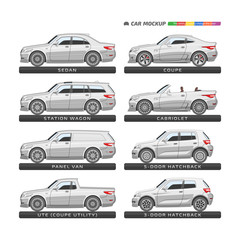 Vector car type template on white background. Isolated sedan, station wagon, hatchback, coupe and cabriolet mockup. Vehicle branding and advertising blank. The ability to easily change the color.