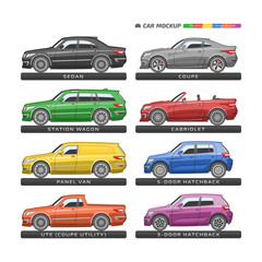 Color vector car type template. Isolated colorful sedan, station wagon, panel van, utility coupe, hatchback, coupe and cabriolet mockup.