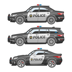  Flat american police cars collection. Vector illustration sedan, station wagon and coupe patrol. Different safety automobile set. Protection vehicles.