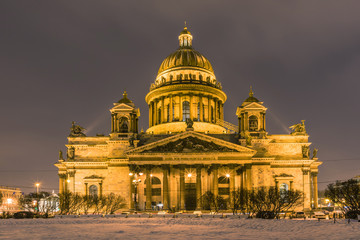 Beautiful Saint Isaac's Cathedral or Isaakievskiy Sobor in Saint Petersburg, Russia in the cold winter evening or night