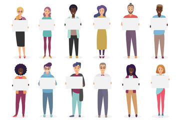 Different positive smiling people are holding placards for text. A sheet of paper in the hands of man and woman set vector illustration.