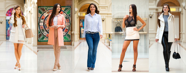 Collage of five different young women in bright fashionable clothes - obrazy, fototapety, plakaty