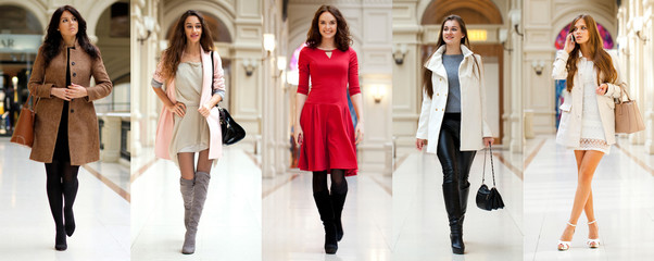 Collage of five different young women in bright fashionable clothes