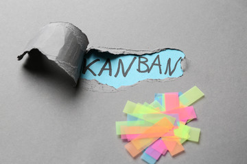 Word KANBAN visible through torn paper