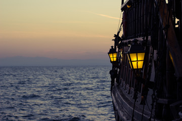 vintage lantern outside overboard vintage ship perspective outdoor romantic sea photography, empty...