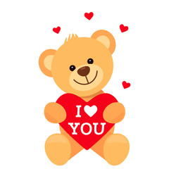 Funny character Teddy holds in his paws a big heart with the words I love you. The concept of Valentine's Day, wedding, Valentine's Day.