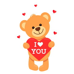 Funny character Teddy holds in his paws a big heart with the words I love you. The concept of Valentine's Day, wedding, Valentine's Day.