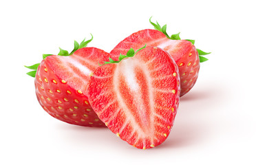 Isolated strawberries. Three cut strawberry fruits isolated on white background, with clipping path