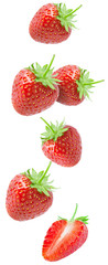 Isolated strawberries. Falling strawberry fruits isolated on white background with clipping path