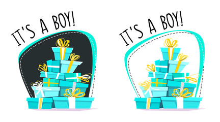 it's a boy greeting post card or sticker , cartoon wrong perspective minimal flat style. running car full of presents , gifts stack with ribbon bow . vector illustration