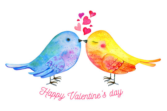 Love birds couple with hearts and wishing. Hand drawn watercolor illustration for St Valentine's day