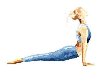 Yoga concept. Urdhva mukha svanasana. Woman practice. Watercolor hand drawn illustration  isolated on white background - obrazy, fototapety, plakaty