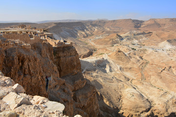 Fototapeta na wymiar Judean desert and mountains panoramic view from Masada fortress, Israel