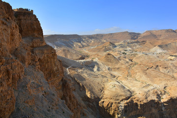 Judean desert and mountains panoramic view from Masada fortress, Israel