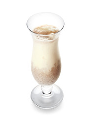 Glass of tasty milkshake on white background