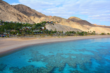 Mountain and coral reef in the Red sea, Israel, Eilat. Panoramic landscape view
