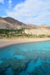 Mountain and coral reef in the Red sea, Israel, Eilat. Panoramic landscape view