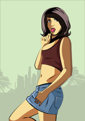 Pretty Young Urban Rap Girl lick candy. Lady Vector artwork. Comic style