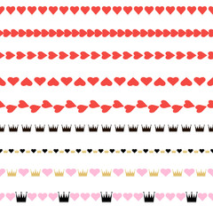 The set of seamless patterns with hearts and crowns. Vector.