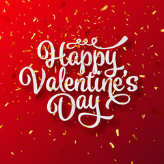 Valentines Day Love Lettering With Golden Confetti. February 14 Handwritten Romantic Greeting Card Text. Vector Illustration.