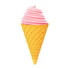 Pink ice cream in a waffle cone. 3D render. 3D illustration.