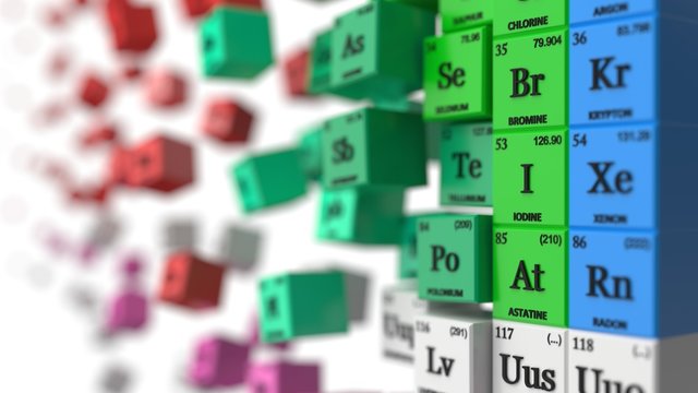 distorted periodic table concept. cubes colored by element groups. 3d illustration