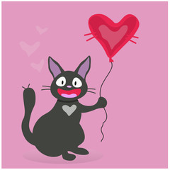Black cat with a balloon in pink