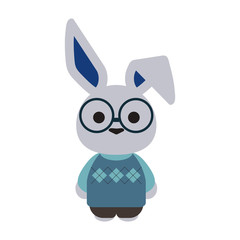 Nerdy White Bunny Rabbit Illustration - White bunny rabbit wearing round glasses, blue argyle pattern sweater, and brown pants