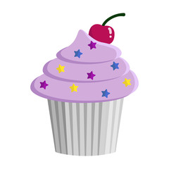 Pink Cupcake and Sprinkles Illustration - Cute cupcake with pink frosting, colorful star sprinkles, and cherry on top