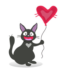 Black cat with a balloon in the form of heart