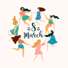 International Women s Day. Vector template with cute women.