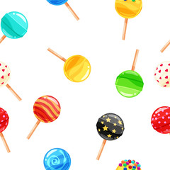 Seamless pattern colored candy lollipop, caramel on stick. Cute ornament for packaging, fabric, background, banner, poster, vector, illustration, isolated, cartoon style