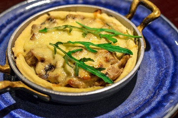 Breakfasr. Pie with vegetables and mushrooms