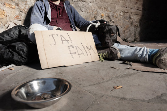 Beggar and dog sitting next to alms bowl on street