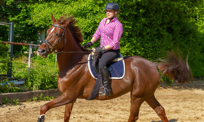 Young woman horseback riding in paddock