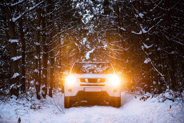 white suv car in winter forest with turned on lights