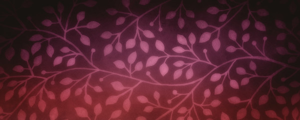 Burgundy pink background with white floral watercolor ivy and vine pattern design and black vintage border effect, pretty nature illustration