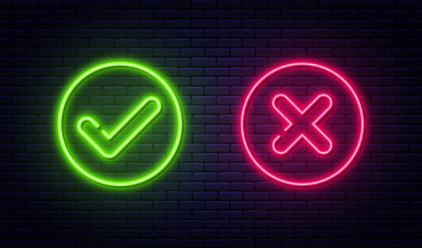 Check mark and cross mark in neon style. Green tick and red cross check marks. Retro signs with glowing neon tubes