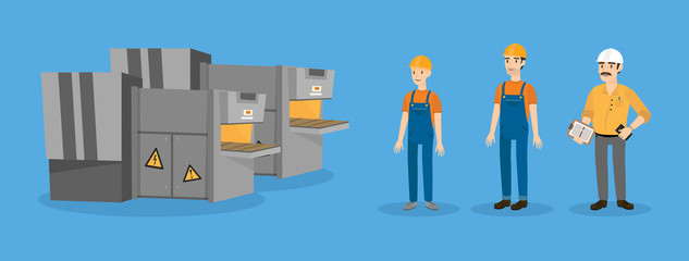 Cartoon illustration of two workers, their chief and industrial equipment with belt. Isolated vector elements for creating your own scene